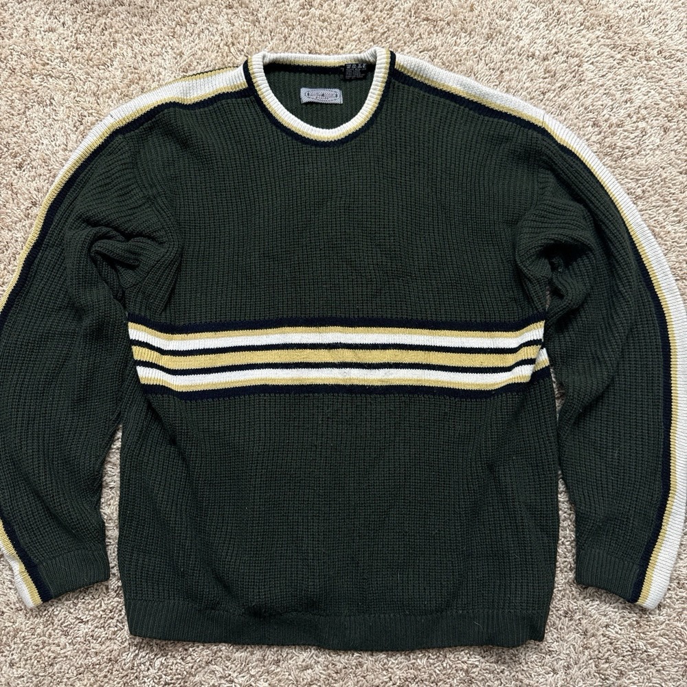 Vintage Point Zero Men's Size L Green Striped Heavyweight Knit Crewneck Sweater